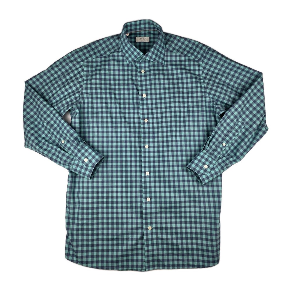 Eton Contemporary Shirt‎ Mens 16 Green Black Gingham Plaid Long Sleeve Preppy